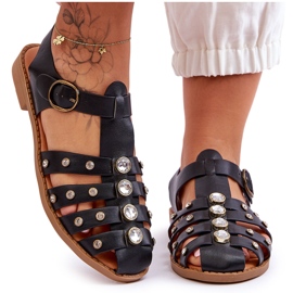 Dames Platte Sandalen Met Zircons Zwart Ascot